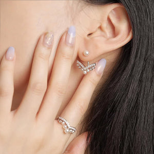 MEP55 MR225 925 Silver V Shaped Pearl Ring Earrings Set