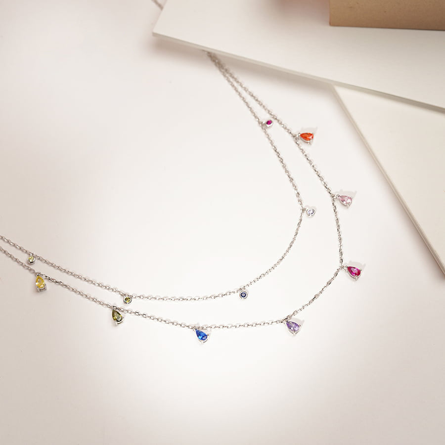 MN093 925 Silver Dangling Pear Rainbow Necklace